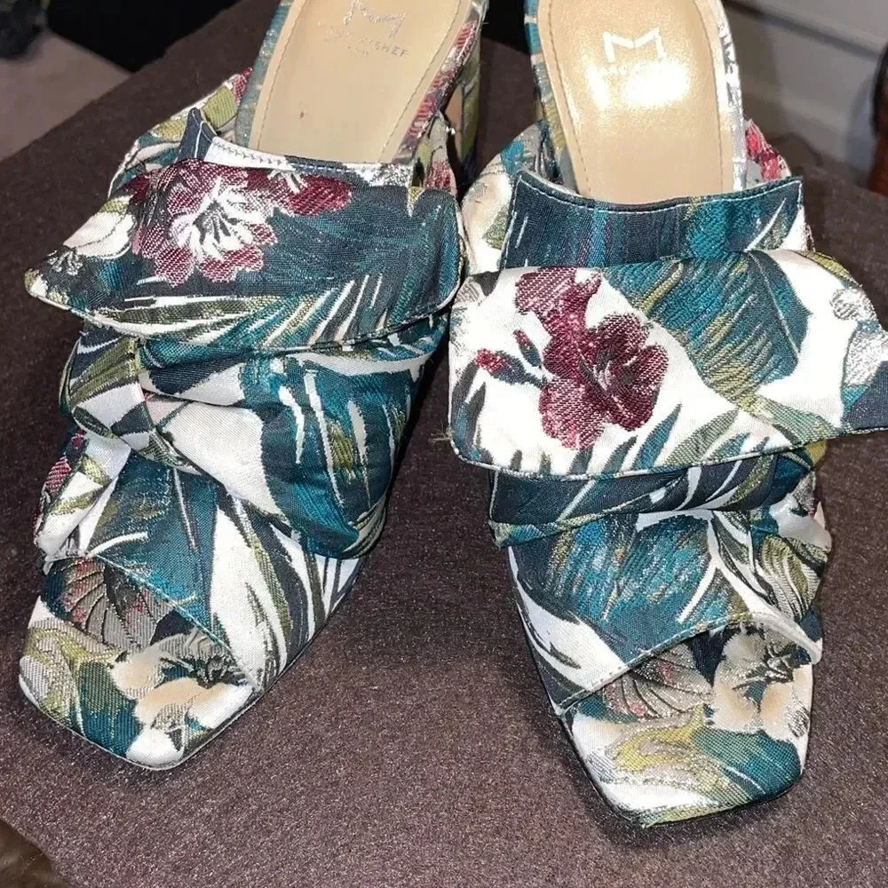 WOMEN'S MARC FISHER "HOGAN" GREEN & PINK FLORAL PRINT SLIDE SQUARE TOE HEELS 7 - Picture 6 of 6